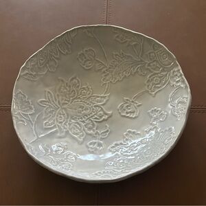 Elegant Floral Handmade Pottery Bowl 12” Diameter Blue w Cream Tones